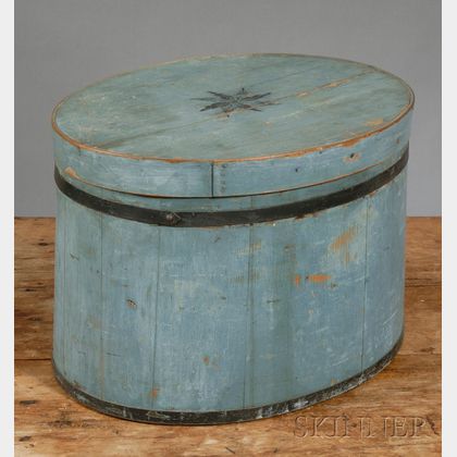 Blue-painted Oval Covered Box with Stenciled Star on Lid