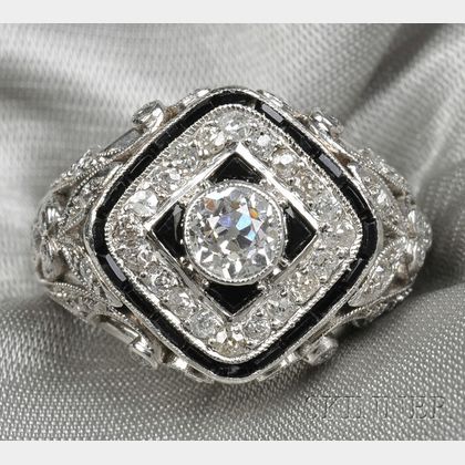 Art Deco Platinum, Onyx, and Diamond Ring