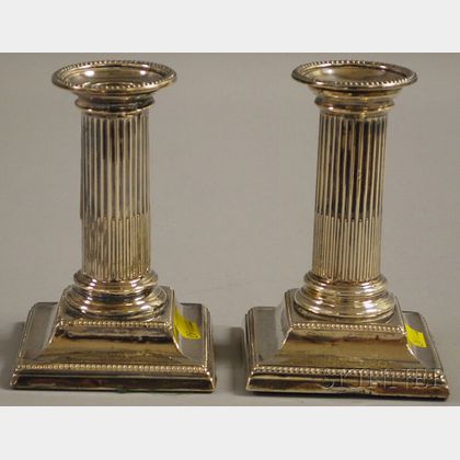 Pair of Weighted English Silver Columnar Candlesticks
