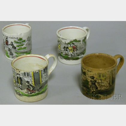Four English Child's Transfer Game-decorated Staffordshire Mugs