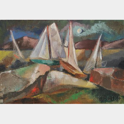 Attributed to William Thon (American, 1906-2000) Modernist Landscape with Sailboats and Full Moon