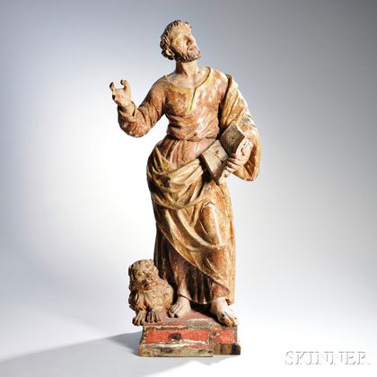 Continental Carved and Painted Figure of Saint Mark