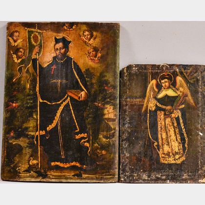 Spanish Colonial School, 18th/19th Century Two Works Depicting Male Saints, a Monk and Possibly a Bishop.