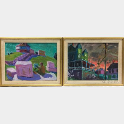 Peter Agrafiotis (American, 20th/21st Century) Three Framed Townscapes: Lincoln Perry Painting Fort McCleary, Houses Silhouetted Agains