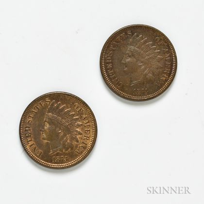 Two 1873 Open 3 Indian Head Cents