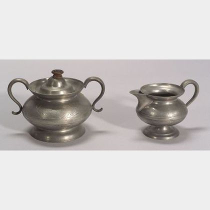Engraved Pewter Covered Sugar Bowl and Creamer