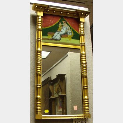 Federal Giltwood Tabernacle Mirror with Reverse-painted Glass Tablet Depicting a Mother and Child on a Recamier