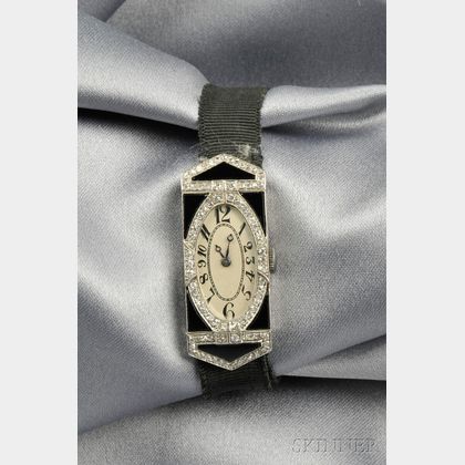 Art Deco Platinum, Onyx, and Diamond Wristwatch