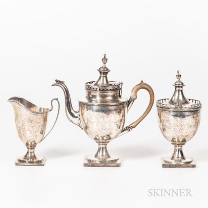 Coin Silver Teapot and Sugar Bowl with Related Sterling Silver Creamer