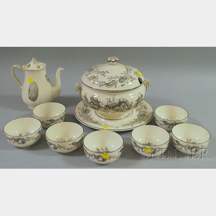Wedgwood Queen's Ware Covered Chowder Tureen and Undertray with Seven Bowls and a Coffeepot