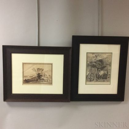 Two European Etchings in Oak Frames: Attributed to Francesco Bartolozzi (Italian, 1727-1815) After Guercino, Italianate Landscape with 