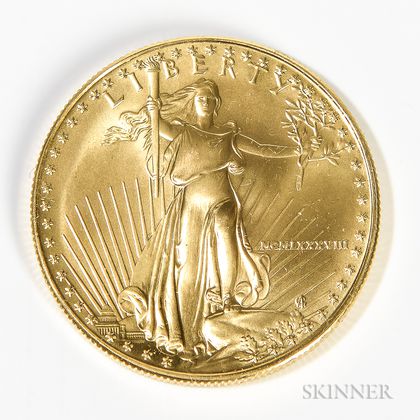 1988 $50 American Gold Eagle One Ounce Gold Coin. Estimate $1,000-1,200