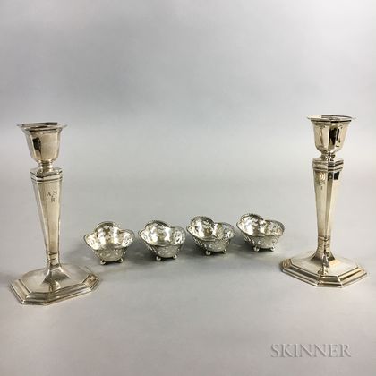 Pair of Tiffany & Co. Sterling Silver Weighted Candlesticks and Four Tiffany & Co. Sterling Silver Footed and Reticulated Nut Dishes