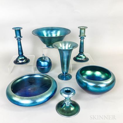 Eight Pieces of Steuben Blue Aurene Iridescent Art Glass
