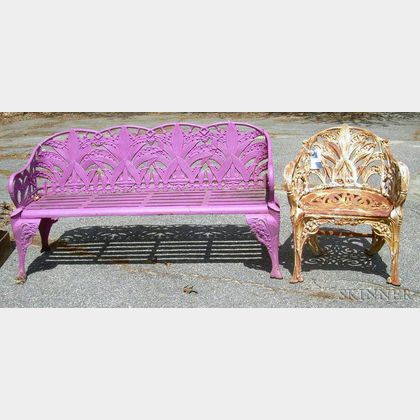 Fuchsia-painted Cast Iron Lily of the Valley Pattern Garden Seat and a White-painted Garden Seat in a Similar Pattern