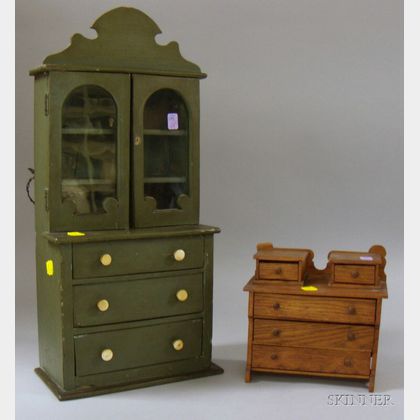 Green-painted Miniature Wooden Step-back Cupboard and a Doll's Oak Bureau