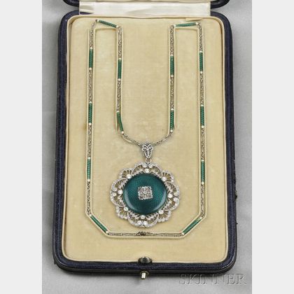 Edwardian Platinum, Enamel, and Diamond Pendant Watch, Longines