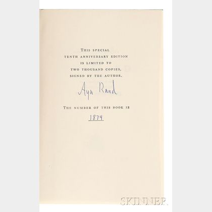 Rand, Ayn (1905-1982) Atlas Shrugged, Signed Tenth Anniversary Edition.