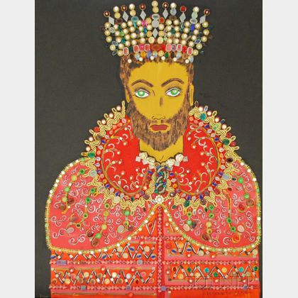 Unframed Mixed Media on Canvas Portrait of a Man with Crown by H. Kenneth Hersh (American, 20th Century)