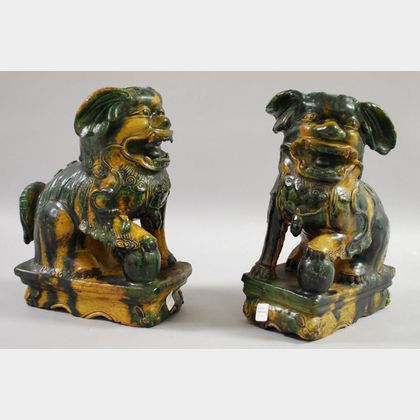 Two Large Glazed Pottery Foo Dogs