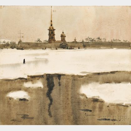 Russian School, 19th Century Church Towers Across an Icy River.