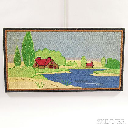 Pictorial Hooked Rug with a Cottage