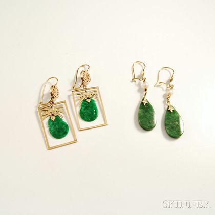 Two Pairs of 14kt Gold and Jade Earrings