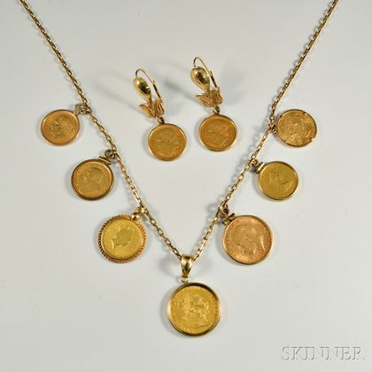 Coin-mounted 14kt Gold Necklace and Earrings