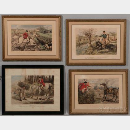 John Leech (British, 1817-1864) Four Prints from Hunting-Incidents: A Capital Finish; Hold Tight Master... 