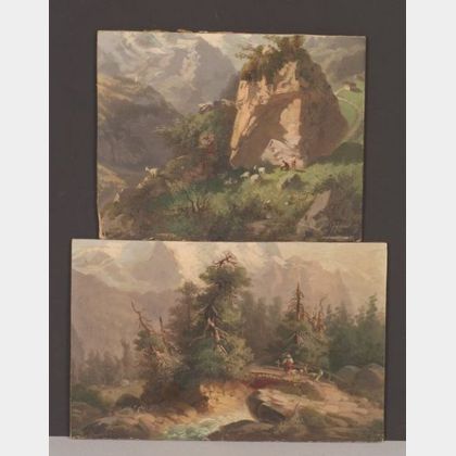 Carl Fuchs (Swiss, 1836-1886) Lot of Two Alpine Views with Goat Herders.