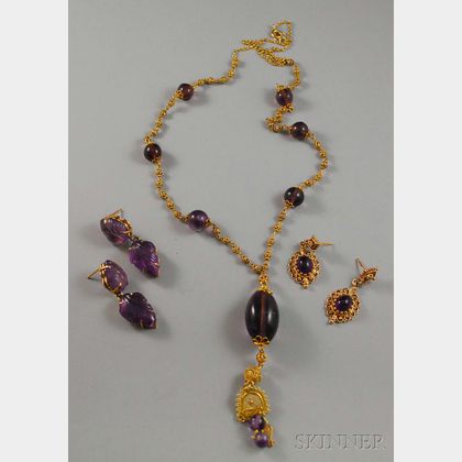 Three 14kt Gold and Amethyst Jewelry Items