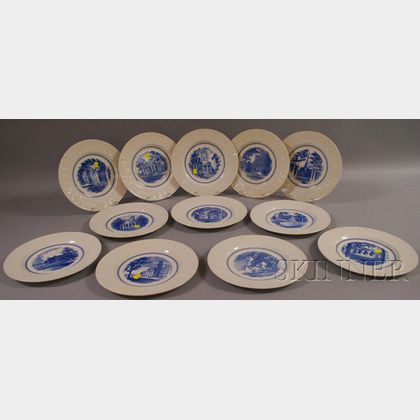 Set of Twelve Wedgwood Blue and White Amherst College Ceramic Dinner Plates. 