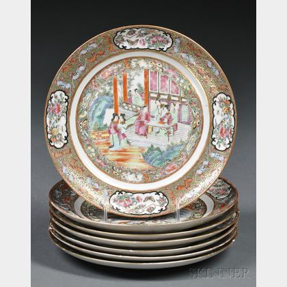 Seven Rose Mandarin Decorated Porcelain Dinner Plates