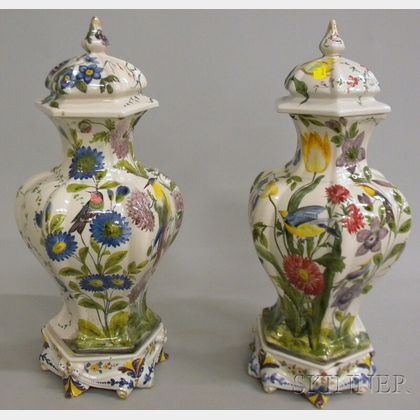 Pair of French Tin Glazed Earthenware Covered Vases on Stands