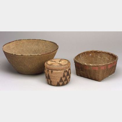 Three Baskets, a lidded basket made by the Rotse people of Gambia, Africa; a Northeast two-color splint basket; and a large African (?)