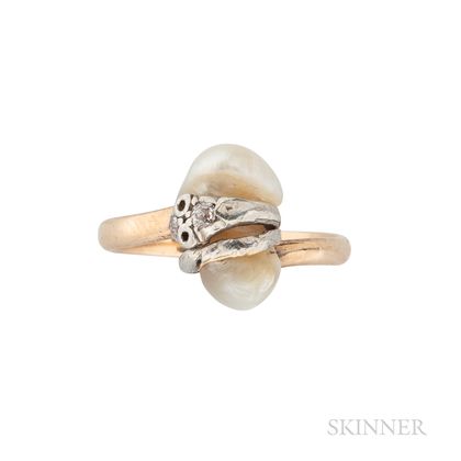 Antique 14kt Gold and Pearl Snake Ring