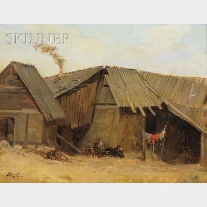 Alexandre Gabriel Decamps (French, 1803-1860) Peasant Shacks with Clothesline