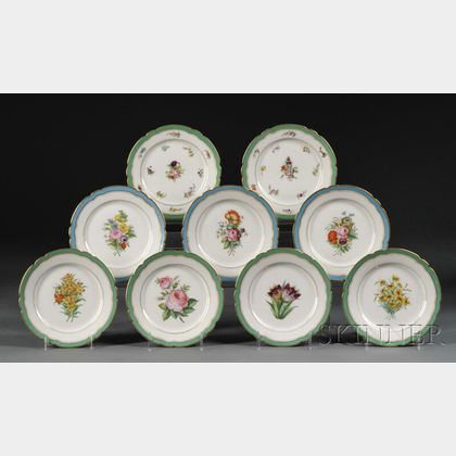 Nine French Porcelain Floral Decorated Dessert Plates