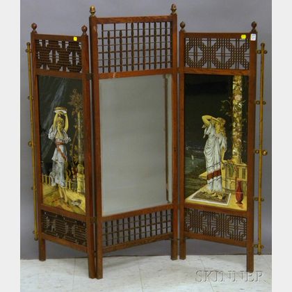 Victorian Aesthetic Movement Brass-mounted Oak, Eglomise and Mirrored Glass Three-panel Firescreen