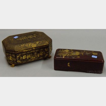 Chinese Export Gilt Decorated Black Lacquered Sewing Box and a Japanese Gilt Enamel Decorated Lacquered Box.... 
