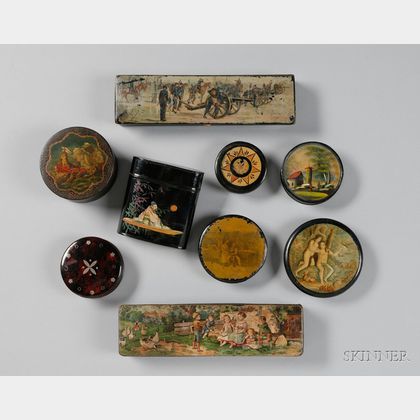 Nine Assorted 19th Century Decorated Papier-mache Snuff and Small Boxes