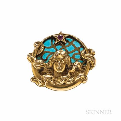 Art Nouveau Riker Bros. 14kt Gold and Plique-a-jour Enamel Watch Pin