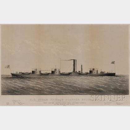 Probably Thomas Bonar, lithographer (New York, 19th Century) U.S. STEAM FRIGATE ROANOKE, BUILT-1852: Razeed at the Brooklyn Navy Yar...