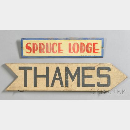 Painted Wooden Signs "SPRUCE LODGE," and "THAMES,"