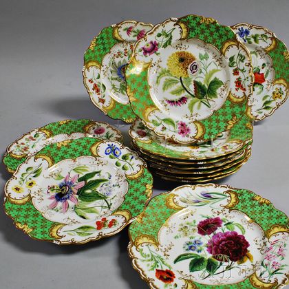 Set of Twelve Continental Floral-decorated Porcelain Plates