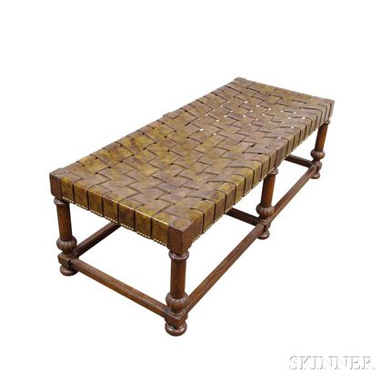 Carved Oak and Woven Leather Bench