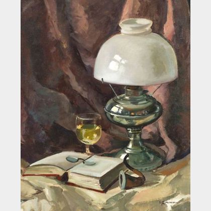 Stephen George Maniatty (American, b. 1910) Still Life with a Book and Lamp
