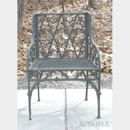 Green Painted Gothic Revival Cast Iron Armchair
