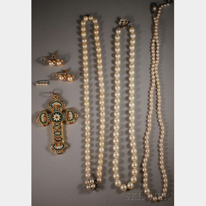 Italian Micromosaic Cross Pendant and a Small Group of Pearl Jewelry