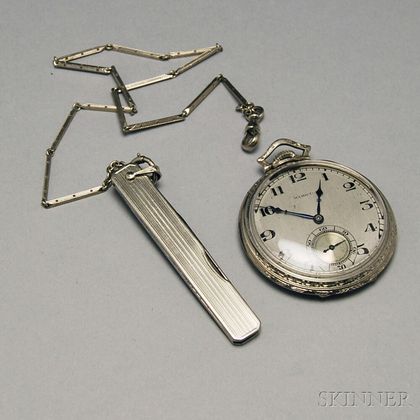 Hamilton 14kt White Gold Open Face Pocket Watch with Chain and Penknife